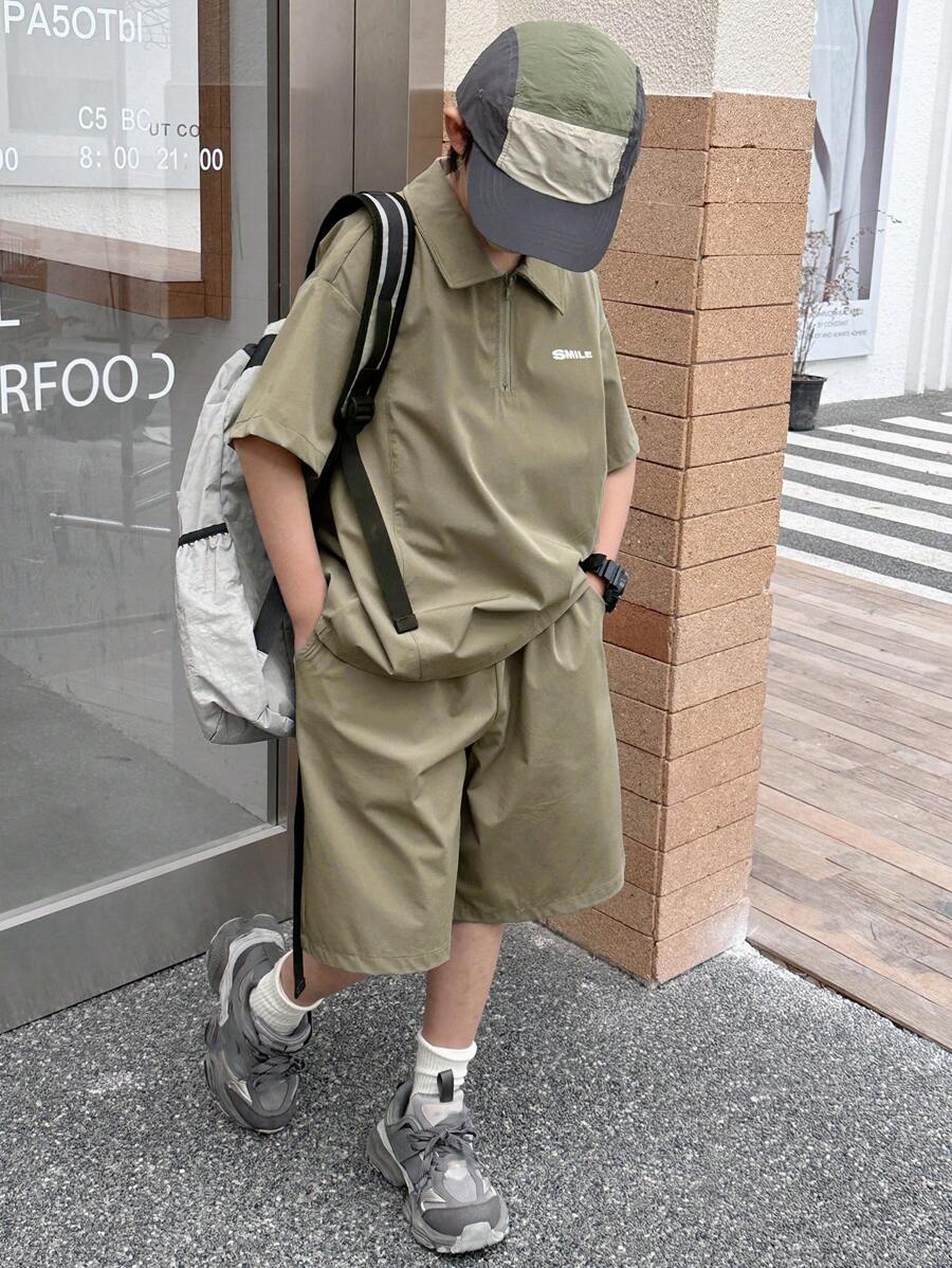 DAZY 2pcs Tween Boys Letter Printed Short Sleeve Zip Half Placket Shirt And Shorts Set - Green - View 1