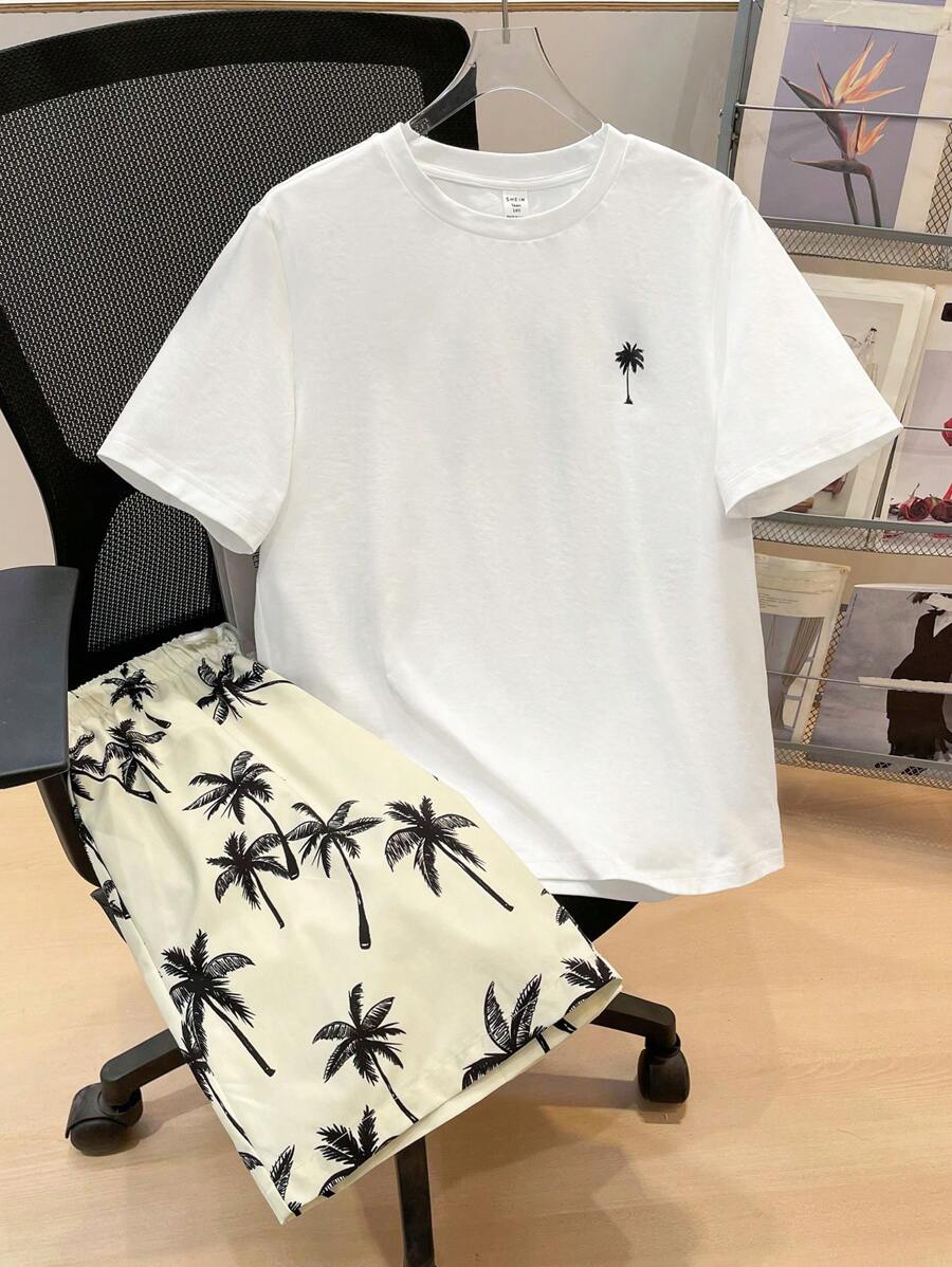 SHEIN Set de 2 piezas de pantalón corto y camiseta de manga corta informal para adolescentes, estilo callejero, punk, rock, universidad, para uso diario, fiestas, festivales de música, adecuado para primavera y verano, con estampado de palmeras, shorts de playa, tropical - Blanco - Ver 1