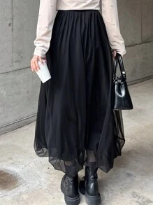FRIFUL Women's Black Mesh Tulle Pouf Maxi Skirt, Elegant Bubble Skirt For Spring/Summer