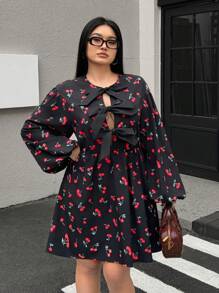SHEIN EZwear Women's Plus Size,Bow Dress,Cherry Pattern,Black Long Sleeve Dress,Spring Summer Clothes
