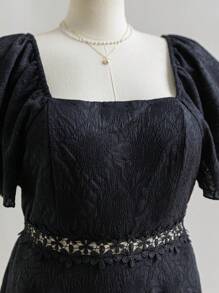 Soleia White Knitted Jacquard Waist Lace Trim Backless Tie Up Plus Size Women Vacation Dress - Black - View 7