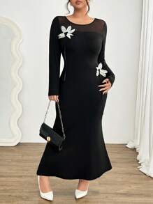 SHEIN Clasi Plus Size Bodycon Mesh Panel Waist Fit Floral Decor Fishtail Hem Dress, Sexy & Slimming Valentine's Day - Black - View 4