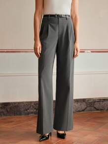 Anewsta Elaire Belted Commuter Standard Striped Pleated High Waist Straight Suit Pants Old Money - Grey - View 6