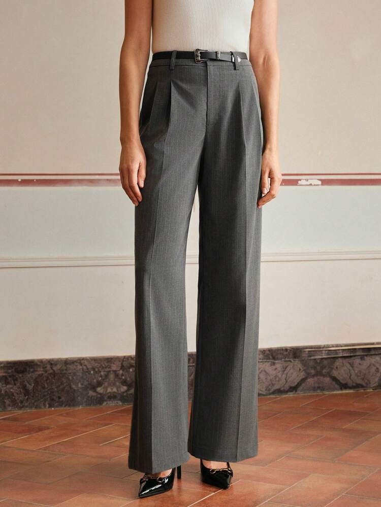 Anewsta Elaire Belted Commuter Standard Striped Pleated High Waist Straight Suit Pants Old Money