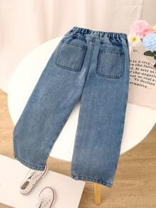 SHEIN Vintaside Kids 年轻女孩蓝色水洗宽松直筒牛仔裤，前围闭合设计，休闲时尚，适合日常穿着 - 淺色水洗藍 - 查看 2