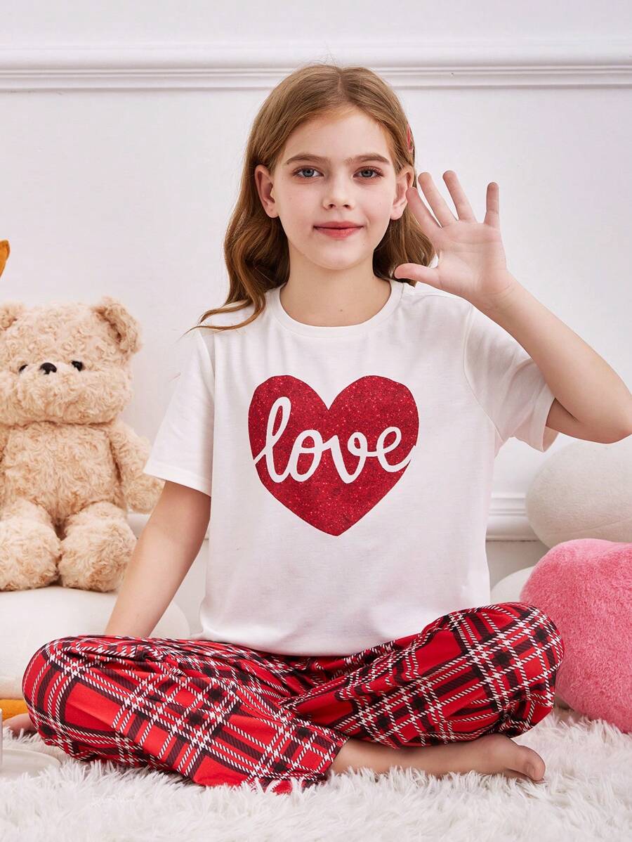 SHEIN Tween Girl Simple Heart Graphic Round Neck Short Sleeve T-Shirt And Plaid Print Lounge Pants 2 Pieces Comfortable Sleepwear Set - Pink - View 1