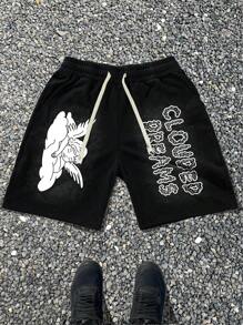 Manfinity EMRG Men's Letter & Angel Print Drawstring Waist Shorts - Black - View 1
