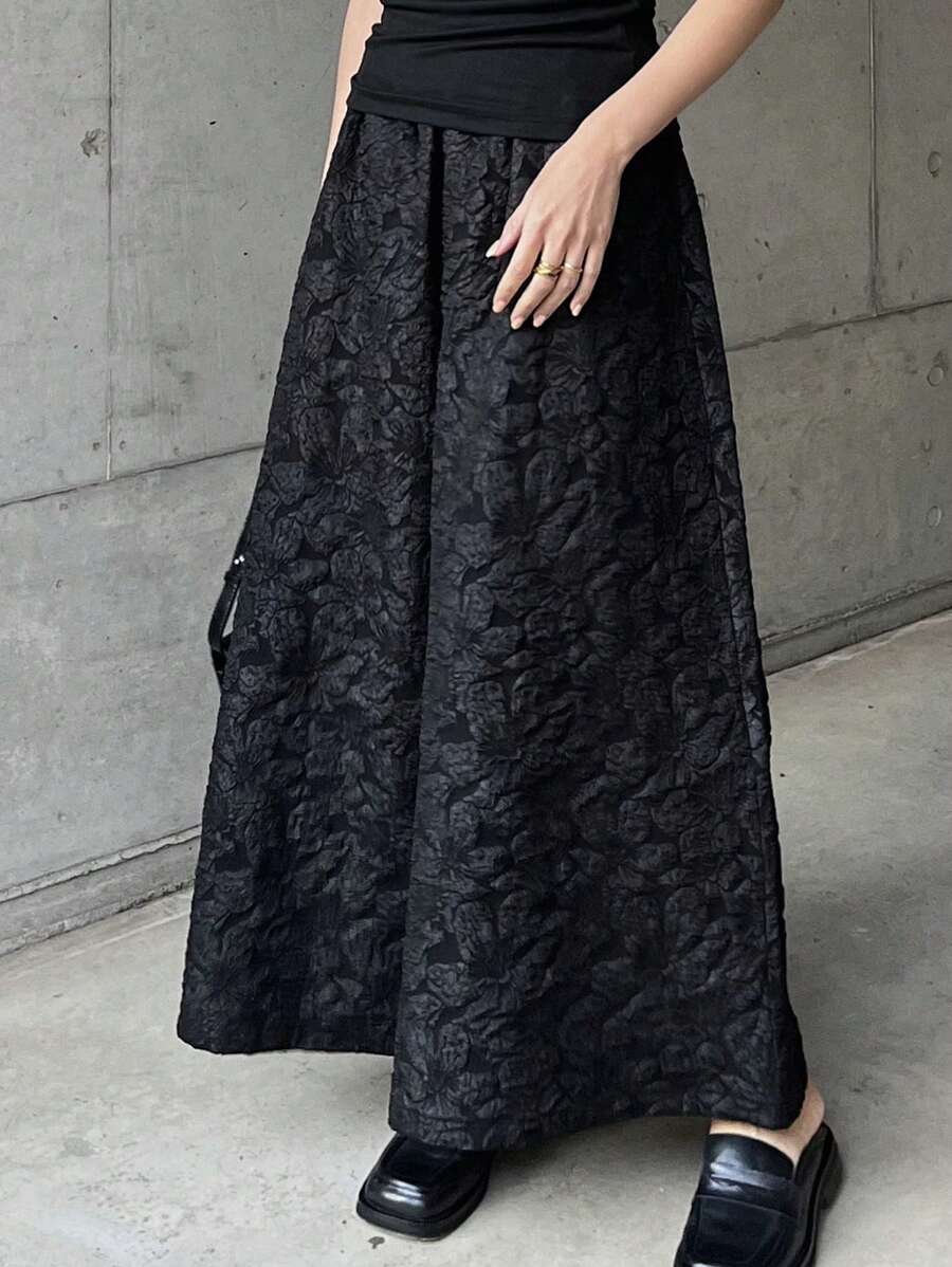 FRIFUL Rok Celana Panjang Wanita Model Lebar, Kain Jacquard Bertekstur, Gaya Vintage Elegan, Musim Semi - Hitam - View 1