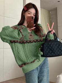 DAZY Women's Round Neck Casual Loose Cartoon Sweater,Fall Women Clothes Christmas,New Year