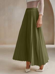 Anewsta Váy xếp ly thanh lịch màu trơn cho nữ Váy nữ - xanh quân đội - Xem 4