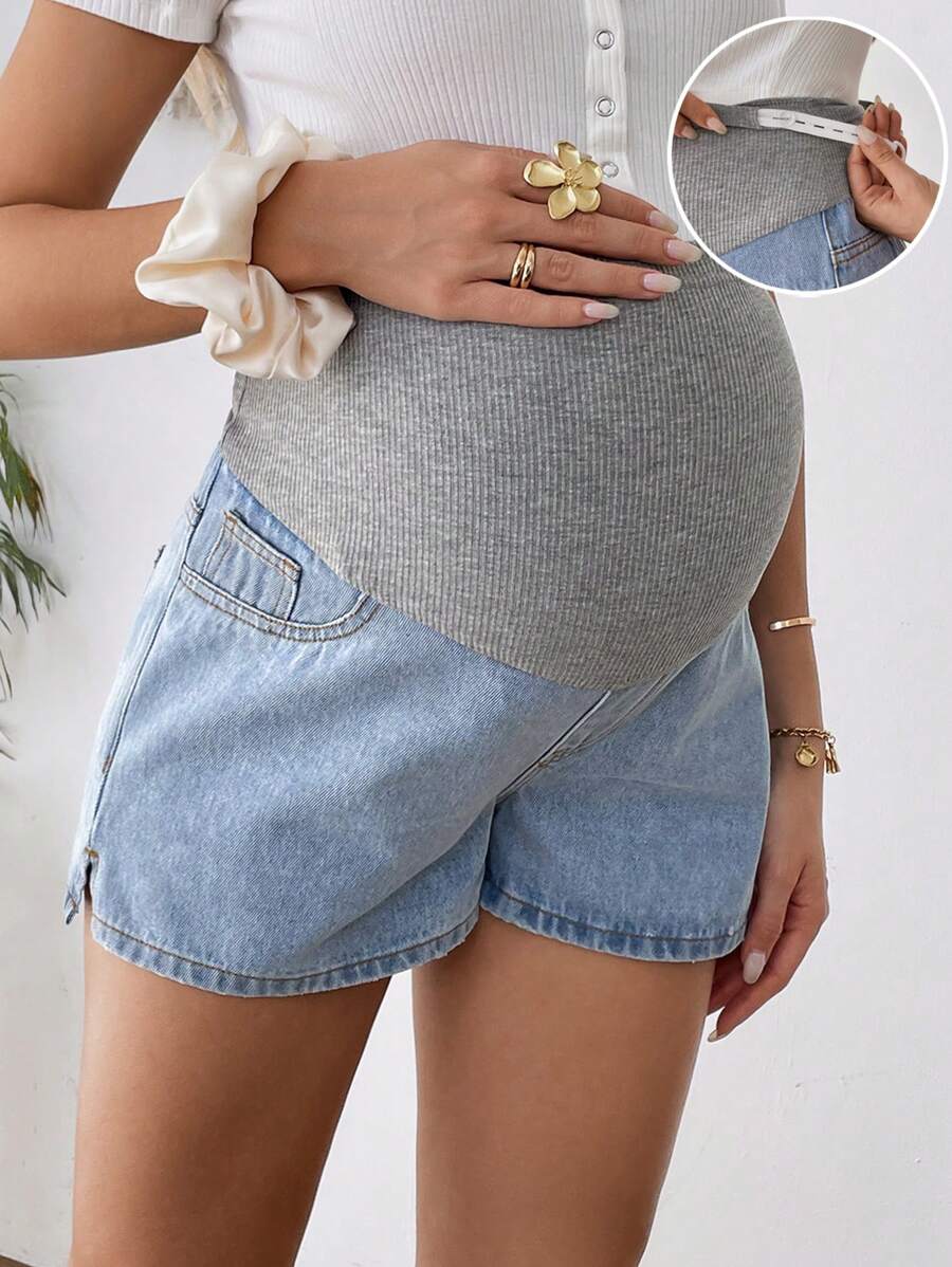 SHEIN Maternity Knitted Grey Waist Support & Blue Denim Loose Shorts, Suitable For Parties, Holidays, Dates, Valentine's Day, Afternoon Tea, Summer