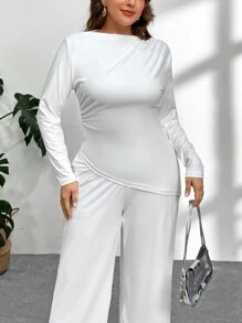 SHEIN Privé 大码优雅休闲两件套，白色不对称领褶皱修身不对称下摆长袖 T 恤和高腰直筒裤，春/秋