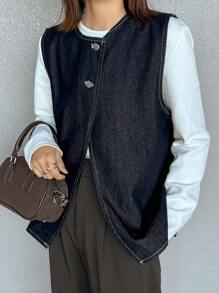 FRIFUL Chaqueta de mezclilla sin mangas de lavado oscuro para mujer, primavera/verano - Azul lavado oscuro - Ver 3