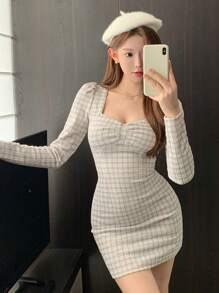 DAZY 女士修身格子泡泡袖迷你甜心领派对连衣裙，秋季连衣裙长袖连衣裙