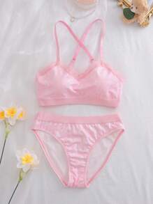 2pcs/Set Young Girls Lace & Heart Print Comfortable Bra And Panty Set, Cute & Sweet Intimate Apparel For Teenagers - Pink - View 4