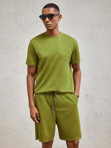 AKNOTIC Party Set de 2 camisetas de punto con cuello redondo ajustadas y con relieve de letras en verde oliva para hombres, adecuado para primavera/verano, vacaciones y uso diario - Verde Oliva - Ver 4