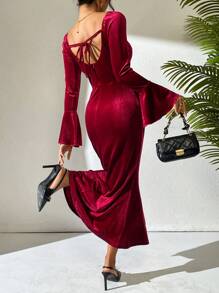 Calvaya French Style High-End Luxurious Niche Burgundy Velvet Dress Women, Suitable For Gala/Party, Autumn/Winter