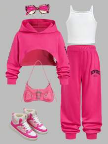 Conjunto de 3 piezas para niñas, blusa de manga larga rosa + top de tirantes + pantalones de chándal, atuendo para vacaciones y actividades al aire libre en verano