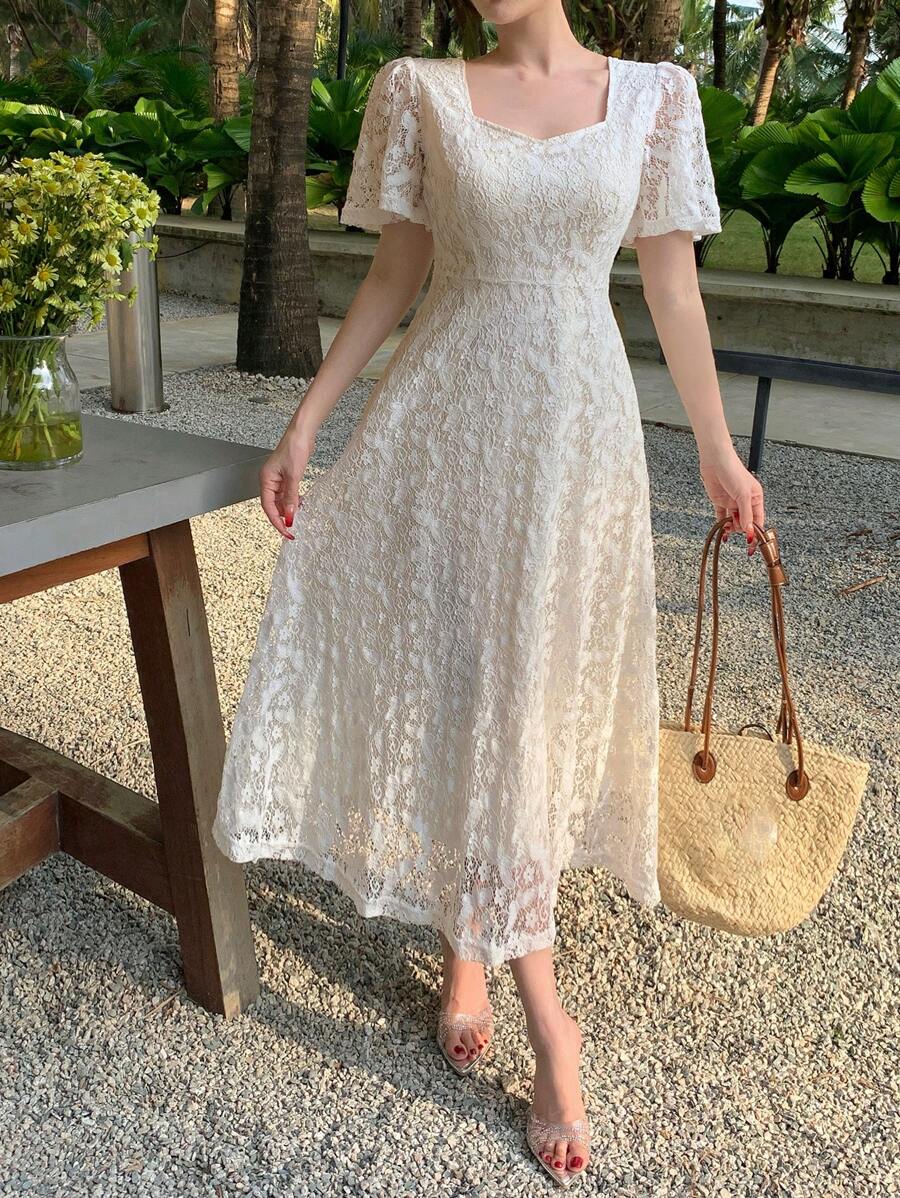 DAZY 蕾丝荷叶袖中长连衣裙，女士度假装扮 - 白色 - 查看 1