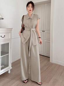 DAZY 2 件套女士无袖束带衬衫和阔腿裤教师装