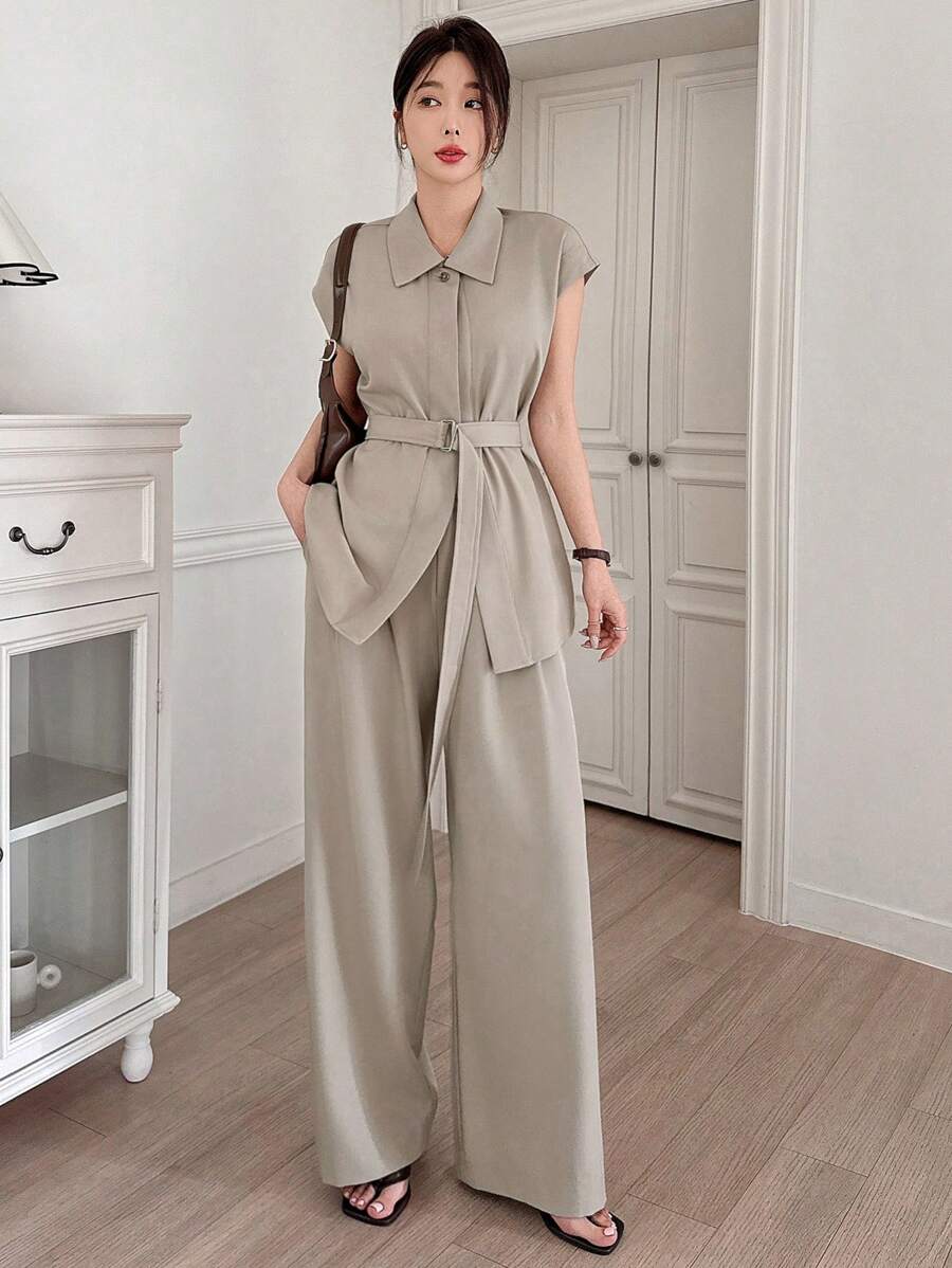 DAZY 2 件套女士无袖束带衬衫和阔腿裤教师装