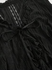 SHEIN MOD Black Lace Panel Tie-Up See-Through Plus Size Cropped Shirt, Bell Sleeve - Black - View 3
