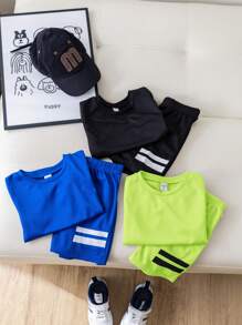 3pcs/Set Kids Summer Clothes, Young Boy Casual Sports Style Geometric Pattern Round Neck Short Sleeve Top & Geometric Print Shorts 2pcs Outfit Set, Suitable For Outdoor Sports, Leisure & Home, School, Campus, College - Green - View 6