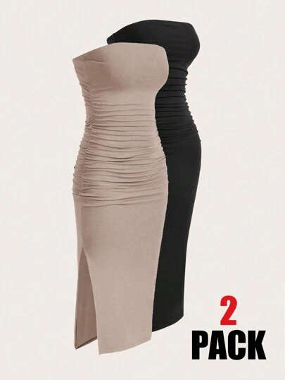 SHEIN EZwear Multi-Color Dam Ruched Bandeau Side Slit Fåll Stickad Klänning