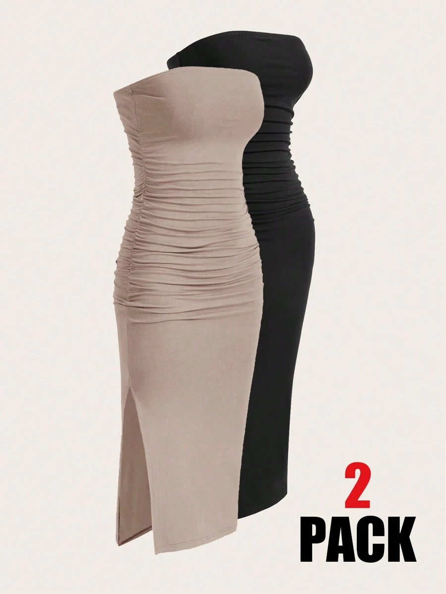 SHEIN EZwear 女士多色褶饰抹胸侧开衩下摆针织连衣裙