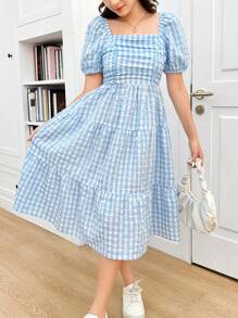 SHEIN 少女蓝色格子泡泡袖中长款可爱甜美连衣裙、学院风连衣裙、度假风连衣裙 - 藍白色 - 查看 6
