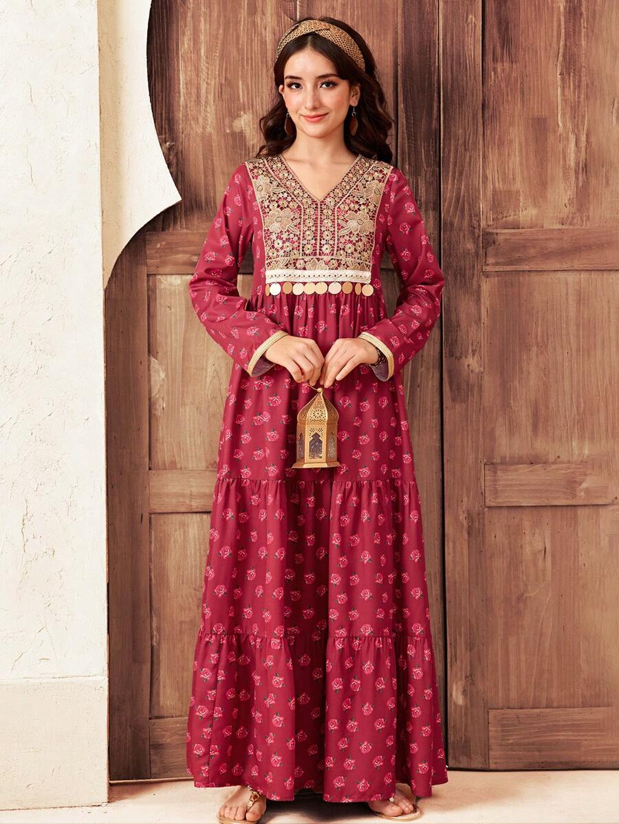SHEIN Abito da vacanza in stile folk per le ragazze adolescenti, con colletto a contrasto di colore bordeaux e magenta rosa, pendente floreale e nappe - Bordò - Visualizzare 1