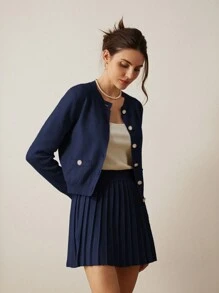 Aveloria Rosie 奢华时尚高端口袋开衫和高腰褶皱迷你裙两件套 - 藏蓝色 - 查看 4