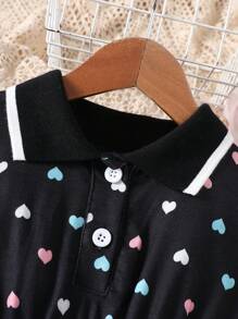 SHEIN Vestido negro de manga corta con estampado digital de corazones para bebé niña, apto para salidas, uso casual en casa y ocasiones de fiesta - Multicolor - Ver 3