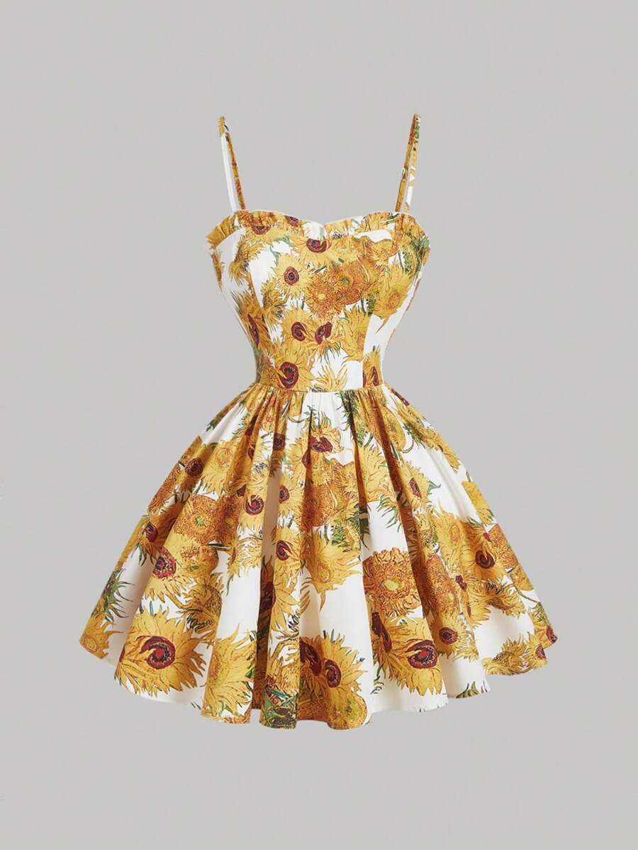 SHEIN MOD 女士梵高风格向日葵印花无袖迷你连衣裙，春季连衣裙