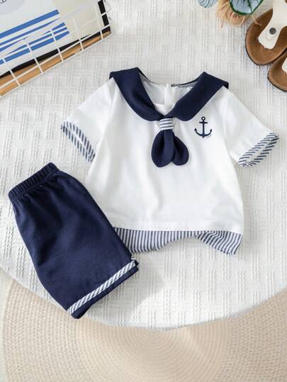 2pcs/Set Baby Boy Colorblock Sailor Collar Short Sleeve Top And Elastic Waist Shorts Set