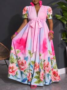 Slaydiva Plus Size Women's V-Neck Twist Knot Puff Sleeve Tie Belt Floral Print A-Line Dress, Vacation & Romantic & Formal & Elegant, Spring/Summer,Beach Dress Sundress,Holiday Outfits Boho - Multicolor - View 8