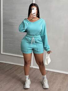 Slaydiva Conjunto informal de 2 piezas con pantalón corto con bolsillos azules y blusa escote en V talla grande - Azul - Ver 6