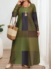 EMERY ROSE 大码休闲简约全印花长袖圆领连衣裙，适合秋冬季