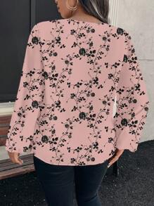 Reflora 大码花卉图案休闲优雅圆领长袖衬衫，适合春秋季节