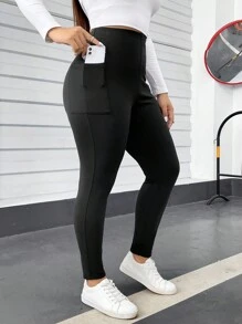 SHEIN Essnce Plus Size Women's Spring And Summer Fashion Casual Comfortable Daily High Elastic Black Slim Fit With Pocket Leggings,Spring Outfits,Women Bottom,Airport Outfit For Women,Curve Pants,Streetwear For Women,Going Out Outfits