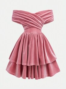 SHEIN Tween Girls Velvet Off Shoulder Ruched Spaghetti Strap Casual & Party Elegant Princess Dress - Pink - View 1