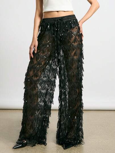 AiiRZ Pantalones de pierna ancha con detalles de flecos, cintura elástica con cordón, adornados con lentejuelas transparentes, para fiestas, festivales y ocasiones especiales