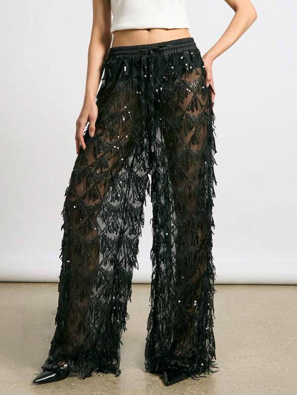 AiiRZ Pantalones de pierna ancha con detalles de flecos, cintura elástica con cordón, adornados con lentejuelas transparentes, para fiestas, festivales y ocasiones especiales