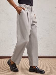 Party Pantalones rectos de tiro medio de uso casual de algodón gris claro con herrajes metálicos, adecuados para el uso diario y los desplazamientos - Gris Claro - Ver 2