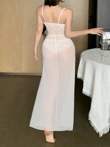 DAZY See-Through Mesh High Slit Hollow Ruffle Trim Decor Sleeveless Sexy Nightgown For Summer
