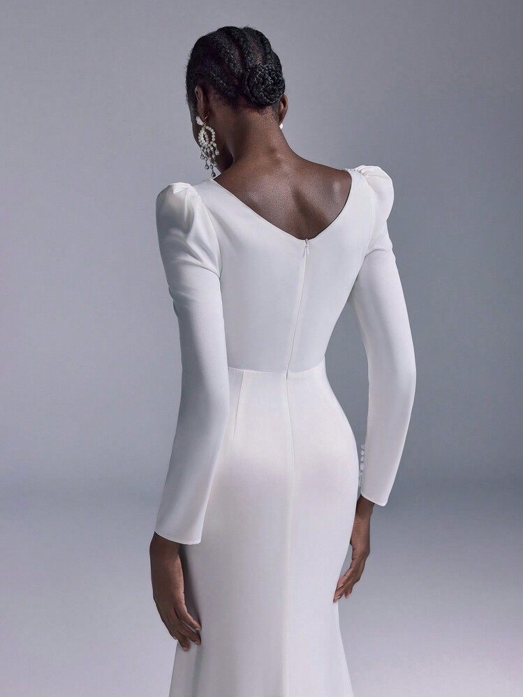 SHEIN Belle 优雅奢华香槟色缎面褶皱开叉鱼尾裙，带拖尾，适合婚礼、派对、度假、舞会、蜜月、新娘礼服、新娘 - 米色 - 查看 6