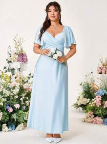 Cravure Elegant Knit Fabric Dress For Wedding & Party, Loose Fit With Sash, Shallow Blue, Summer, Plus Size - Blue - View 1