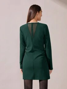 BizChic 2025 Summer New Arrival Emerald Green Round Neck Pearl Decor Long Sleeve Ladies Dress, Elegant Business Casual Everyday Wear, Suitable For Wedding Guest, Beach Vacation, 90s Retro Stockholm Style, 4th Of July