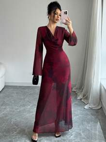 Elenzga Sheer Mesh Rose Floral Print Draped Neck Long Sleeve Maxi Elegant Dress