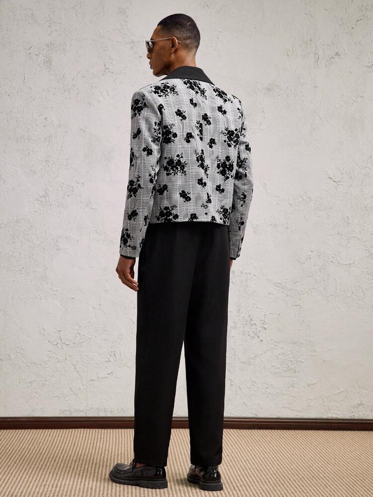 メンズ ブラック ハウンドトゥース フローラルプリント パッチワーク コントラストカラー スリムフィット ショートカジュアルスーツセット 2点、オフィス & デイリーウェア、秋冬適用